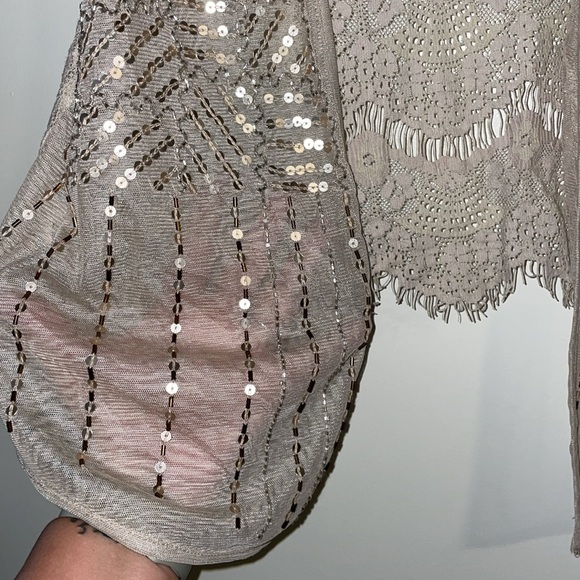 Chico's Bohemian Cream Beaded Lace Vest With Gold Bugle Beads & Sequins - Picture 3 of 5